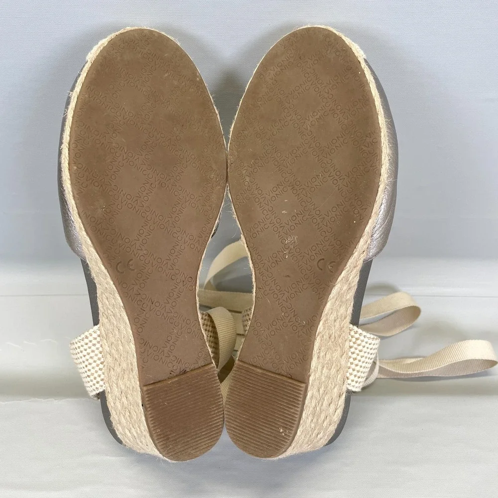 Vionic Maris Espadrille Wedge Sandals Womens Size 6.5 Wide Gray Leather Shoes